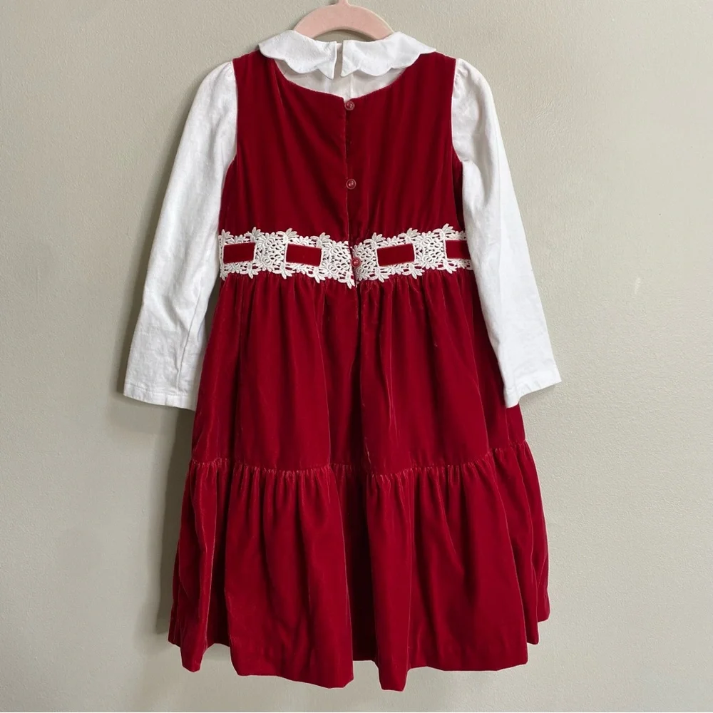 Janie And Jack Red Velvet Holiday Dress With Scallop Collar Top Size 3